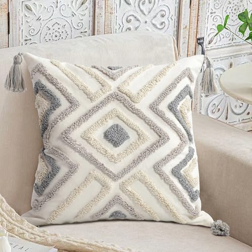 Boho Pillow Covers 18X18 Inch Boho Tufted Throw Pillow Covers Decorative Tassels Cushion Cover Farmhouse Pillow Case for Couch Sofa Bed Living Room Bedroom
