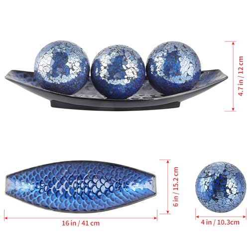 16" Large Ceramic Decorative Tray and 4" Glass Mosaic Balls Set of 4