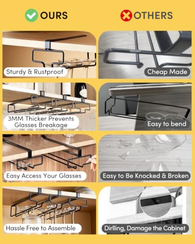 Wine Glass Holder 2PCS Stemware Rack Hanger Under Cabinet Wine Glass Rack Kitchen Hanging Storage Rack Organizer