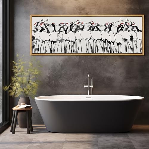 Large Framed Canvas Print Wall Art Minimalist Crane Flock Japanese Ink Style Bird Illustrations Decorative Colorful Multicolor for Bedroom