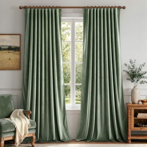 Sage Green Velvet Pinch Pleat Blackout Curtains W52 X L120 Inches (2 Count)