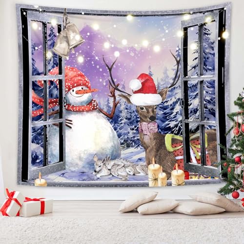 Christmas Window Tapestry Wall Hanging Christmas Backdrop Winter Window Wall Decor Xmas Snowman Deer Tapestries for Bedroom Living Room Dorm Holiday Party Decoration