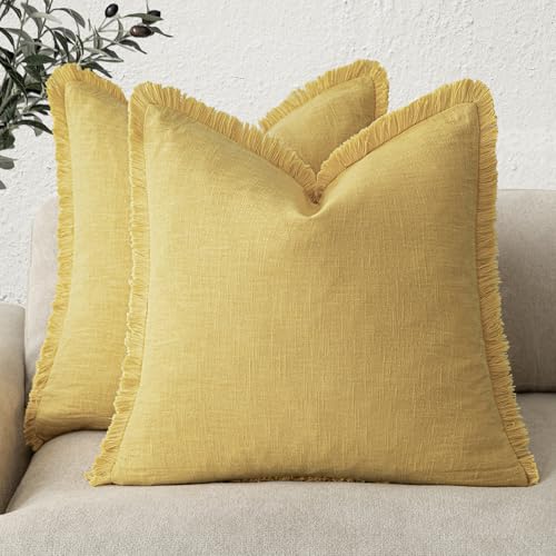 Decorative Linen Fringe Throw Pillow Covers 18×18 Ginger Yellow (2 Count)