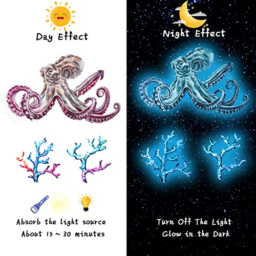 4 Pieces Glow in The Dark Ocean Wall Decals Under The Sea Wall Decals Fish Stickers PVC Sea Animals Stickers for Room Living Room Nursery Bathroom Decoration