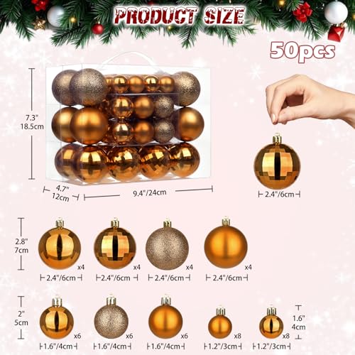 50pcs Copper Orange Christmas Ball Ornaments Small Shatterproof Christmas Tree Decorations Orange Ornaments Balls with Hanging Loop for Fall Halloween Xmas Wedding Holiday Party Wreath Home Decor