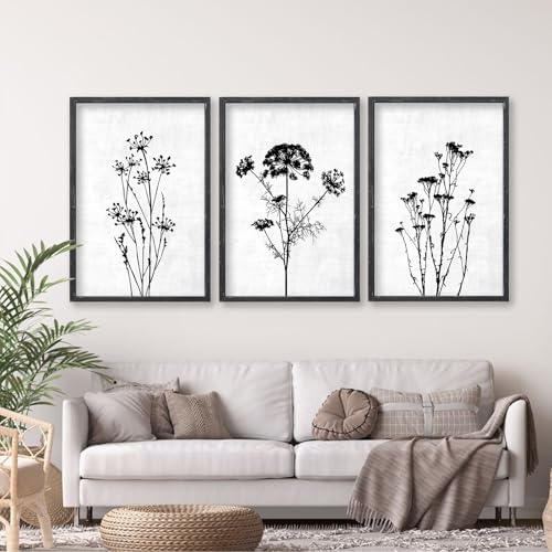 Flower Plant Wall Art Decor 24"x16" Set of 3 Black And White (3 Count)