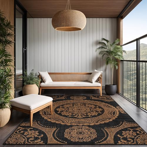 Medallion Outdoor Rug 5x7 Washable Outside Carpet for Indoor Patio Porch Waterproof Easy Cleaning Non Shedding Area Rugs Nut Brown 5 x 7