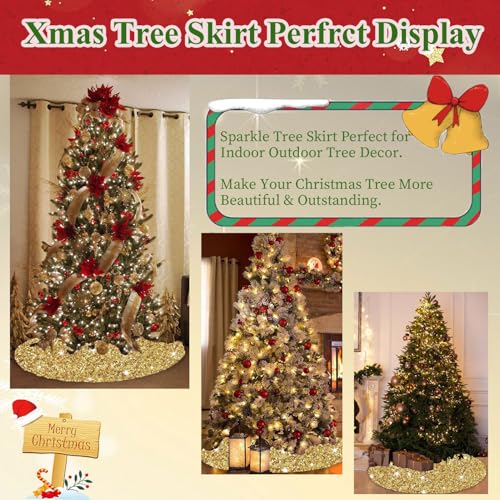 Gold Tree Skirt 36 Inch Shiny Sequin Christmas Tree Skirt Christmas Ornaments for Feast Tree Velvet Round Xmas Tree Skirts Glitter Metallic Christmas Tree Base Skirt Unique Sequins Tree Blanket
