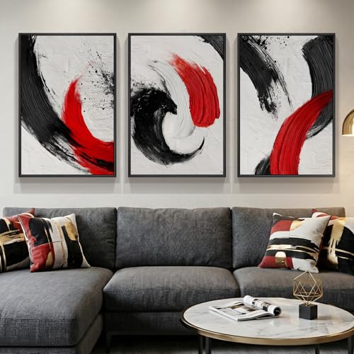 Large Framed Red Black White Abstract Wall Art for Living Room (3 Count)