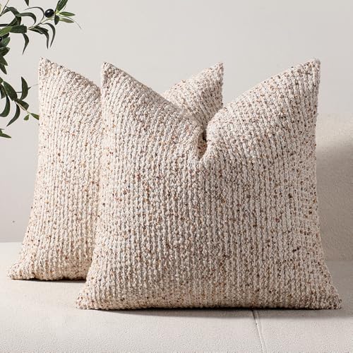Striped Throw Pillow Covers 22x22 Set of 2 Beige Textured Boucle Chic Morden Boho Accent Farmhouse Square Decorative Couch Pillow Covers for Home Decor Bed Sofa Living Room (2 Count)