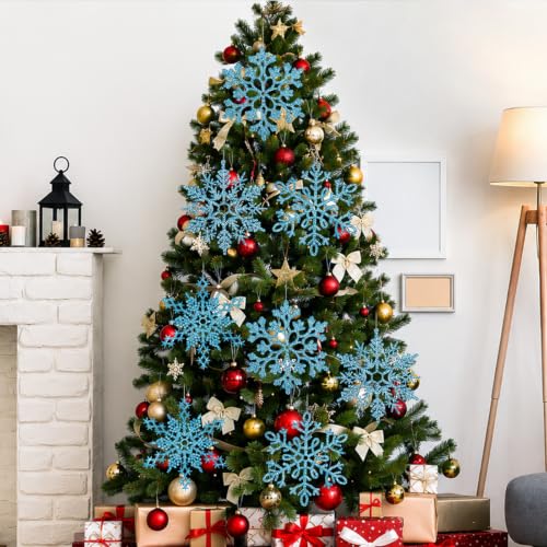12pcs Large Snowflakes Ornaments Blue 12” Big Plastic Glitter Snowflake for Winter Indoor Outdoor Christmas Tree Window Room Decorations Giant Craft Snowflakes (12 Count)