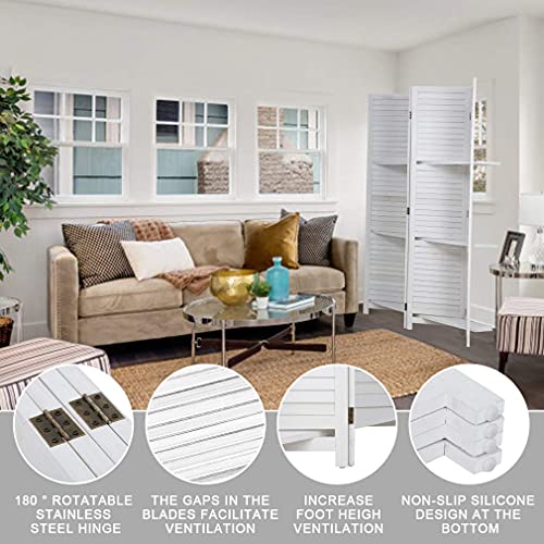 4 Panel Room Divider Folding Privacy Wooden Screen with Three Clever Shelf Portable Partition Wood Divider for Home Office
