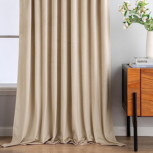 Camel Beige Velvet Pinch Pleat Blackout Curtains W52 X L90 Inches