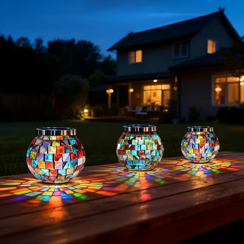 4 Pack Valentines Day Gifts for Him Her Landscape Lighting Path Lights Heavy Solar Mosaic Lantern with RGB Color (4 Count)