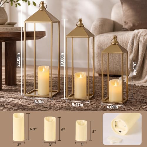 3 Pcs Large Gold Decorative Lanterns with Candles