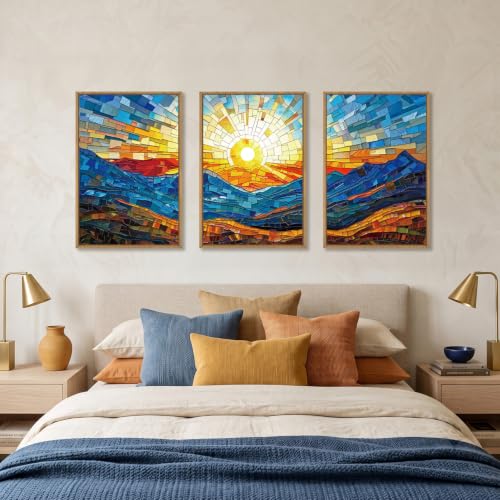 Abstract Blue Boho Mountain Framed Canvas Wall Art Set