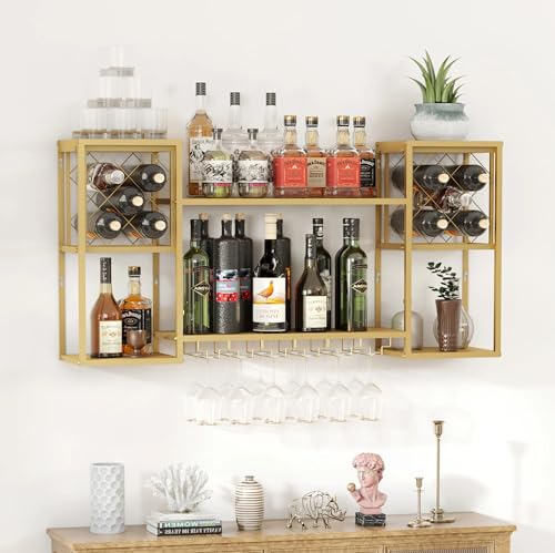 Wall Mounted Wine Rack with Glass Holder for Home Bar Storage