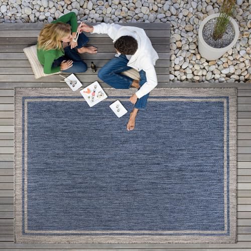 Outdoor Rug 5x7 Bordered Navy Blue Gray Modern Area Rugs for Indoor and Outdoor Patios (35 Sq Ft)