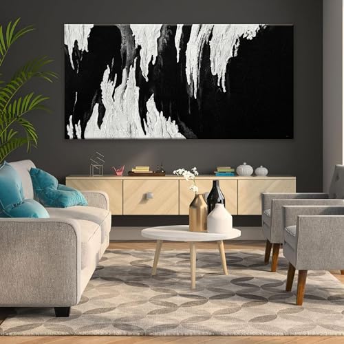 Large Abstract Black And White Canvas Wall Art For Living Room 29 x 58 In