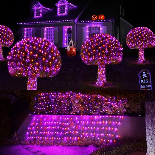 Halloween Lights Outdoor 200LED 8.4ft x 5.2ft Orange Purple Halloween Net Lights with 8 Modes