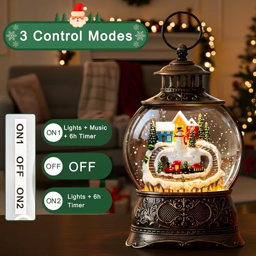 Christmas Village Snow Globe Water Lantern with Snowman and Train Scene Battery Operated or USB Powered Musical Lighted Holiday Decoration for Tabletop Display for Family and Friends