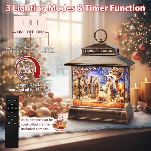 Christmas Snow Globe Lantern Water Glittering Lantern with 8 Songs & 6H Timer Romote Control Christmas Snow Globes USB & Battery Operated for Christmas Festival Decorations Gifts