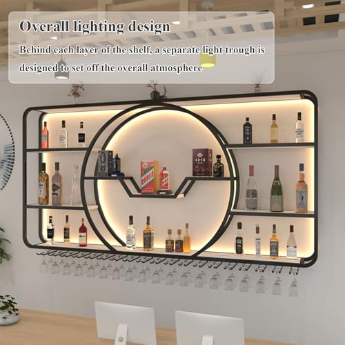 3 Tiers Metal Wine Rack Wall Mounted Modern With LED Light With Wine Glass Holder Large Liquor Bar Display Shelf