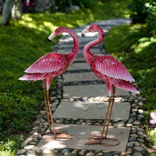 2 Pack Metal Pink Flamingo Statue for Outdoor Garden Yard Decor (2 Count)