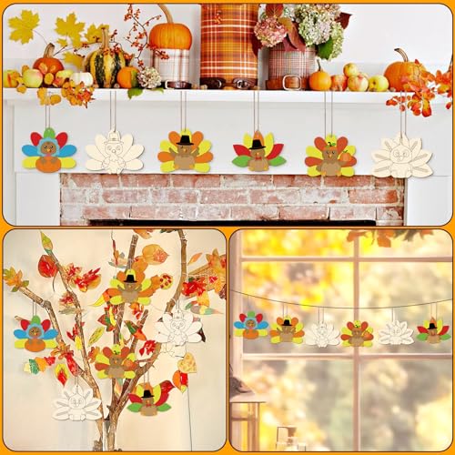24 PCS Unfinished Wooden Thanksgiving Crafts Turkey Shaped Hanging Ornament (24 Count)