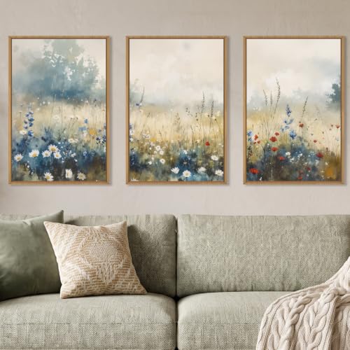 Neutral Pastoral Wildflower Framed Canvas Wall Art Set