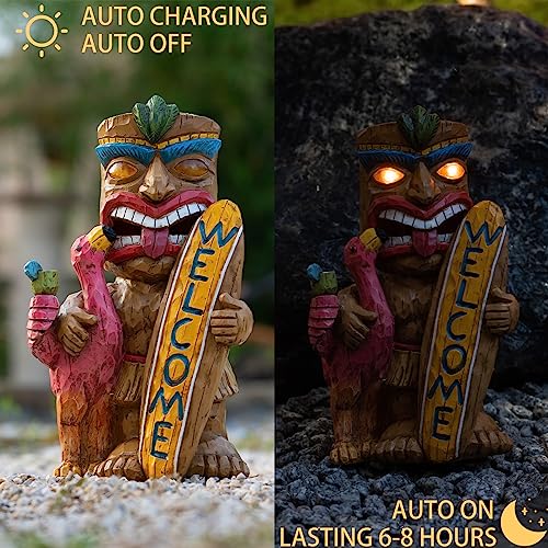 Solar Tiki Garden Statue Outdoor Decor with Flamingo Waterproof Welcome Sign for Tiki Bar