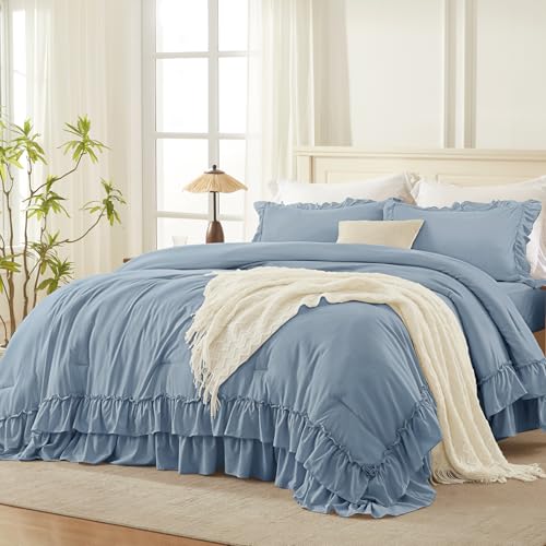 Grayish Blue Super King Plus Ruffle Comforter Set