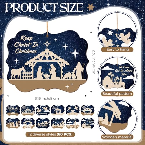 60 Pcs Christmas Ornaments Wooden Christian Bulk (60 Count)