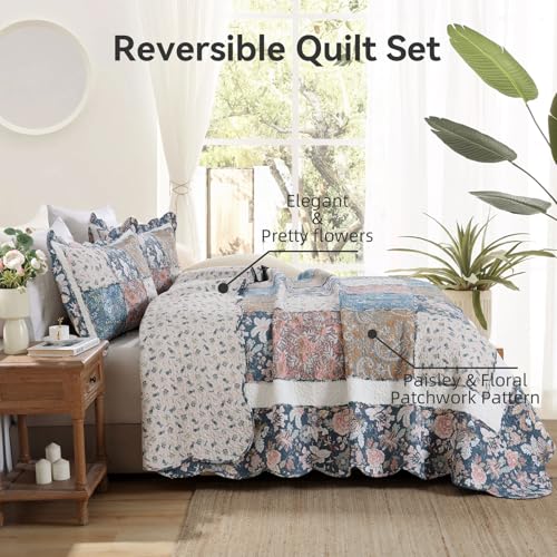 3 Piece Quilt Set Queen Size Quilted Bedspread Reversible Country Style Blue Floral Paisley Real Patchwork Bedding Quilt Set with Ruffles with Pillowcases for All Seasons