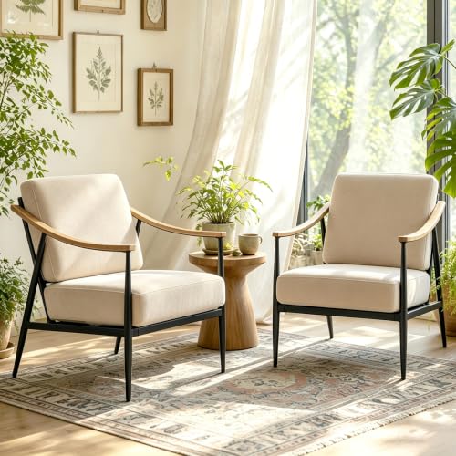 Modern Accent Chairs Set of 2 for Living Room Bedroom Mid Century Arm Chairs Upholstered Office Accent Chairs Comfy Waiting Room Chairs with Metal Frame (2 Count)