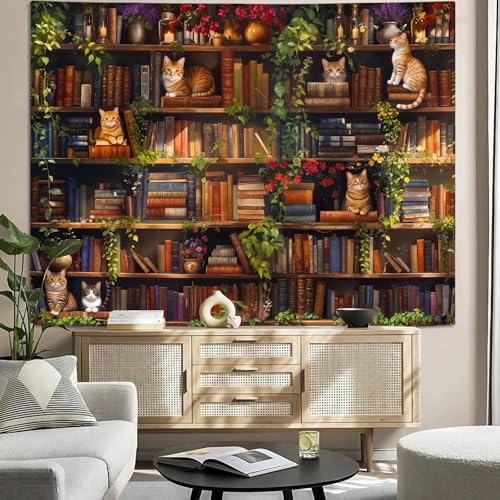 Plant Cat Bookshelf Tapestry Botanical Floral Flower Cats Book Tapestries Wall Hanging Vintage Library Small Tapestry for Bedroom Living Room Dorm 60 x 44 inch