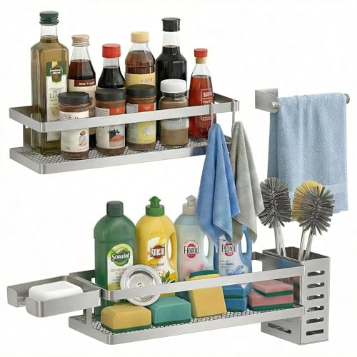 5-in-1 Shower Caddy & Kitchen Organizer Set, Wall Mount Wide Spice Rack with Paper Towel Holder, Utensil Holder, Soap Dish, Rustproof Mesh Baskets Hold 50LBS - Silver Gray, Guardrail