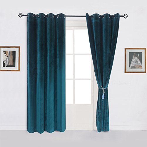 Super Soft Luxury Room Darkening VelvetDark Green Blackout Energy Efficient Grommet Curtain Panel Drapes Peacock Blue 52Wx84L