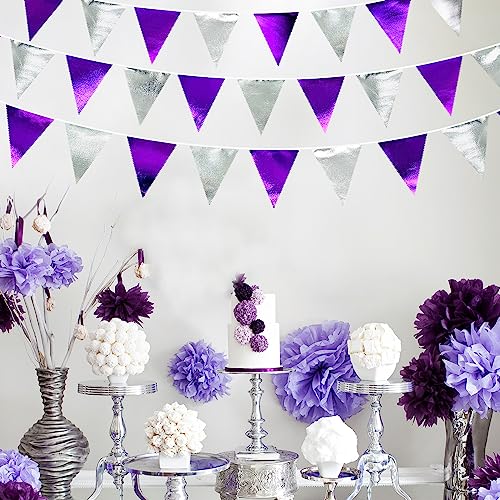 Purple and Silver Party Decorations Triangle Pennant Banner Flag Metallic Fabric Bunting Garland for Birthday Graduation Retirement Bachelorette Wedding Bridal Shower Engagement Disco Party Supplies (36 Count)