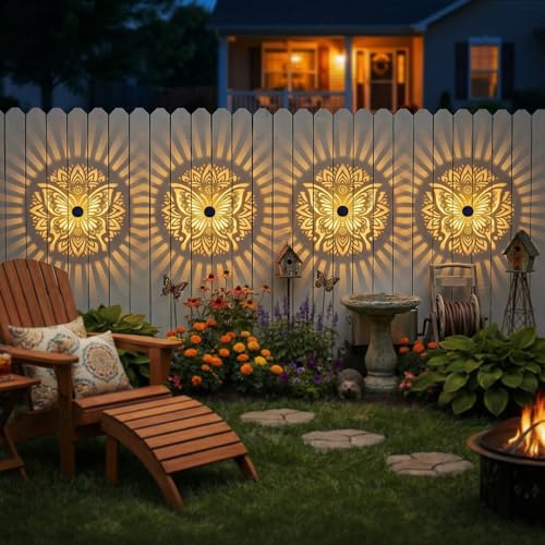 2 Pack Solar Fence Lights Metal Solar Powered Outdoor Wall Deck Step Lights Butterfly Mandala Theme Waterproof Fence Light for Garden Post Patio Backyard Yard Decor (2 Count)