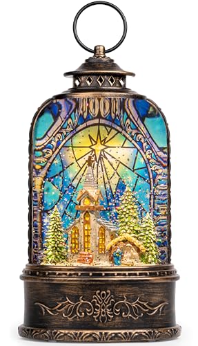 Christmas Snow Globe Lantern Water Glittering Churches & Holy Family with Music& Timer