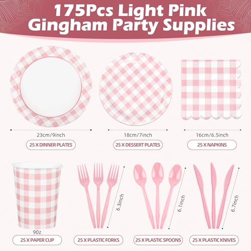 175 Pcs Pink Gingham Paper Plates and Napkins with Cups (175 Count)