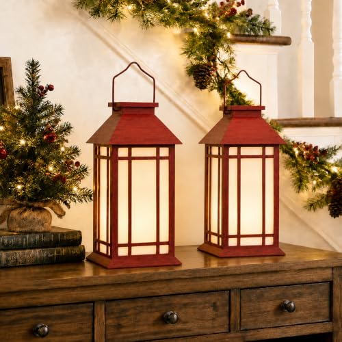 13 Inch Christmas Outdoor Decorative Lanterns with Candle Timer 2 Pack