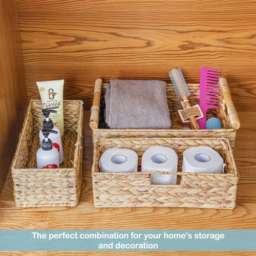 Large Water Hyacinth Storage Baskets for Organizing with Wooden Handles for Shelves (3 Count)