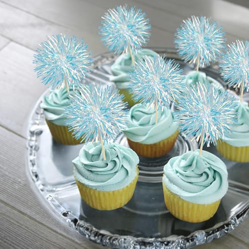 30Pcs Foil Firework Cupcake Toppers Party Birthday Cake Toppers Supplies Sparkle Tinsel Cocktail Fruit Toothpick for Birthday Wedding Graduation Party Blue (30 Count)