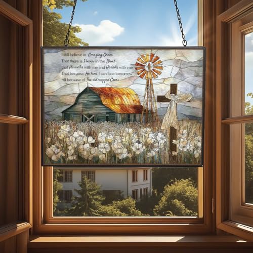 Rectangle Christian Grace Barn Cross Stained Glass Suncatcher