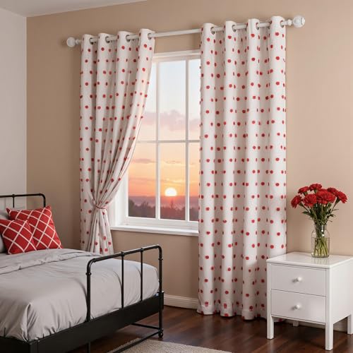 Blackout Curtains for Nursery Thermal Insulated Red Pom Pom Curtains 72 Inch Long for Girls Bedroom 2 Panels White Sheer Curtains for Dining Room Door Grommet (2 Count)