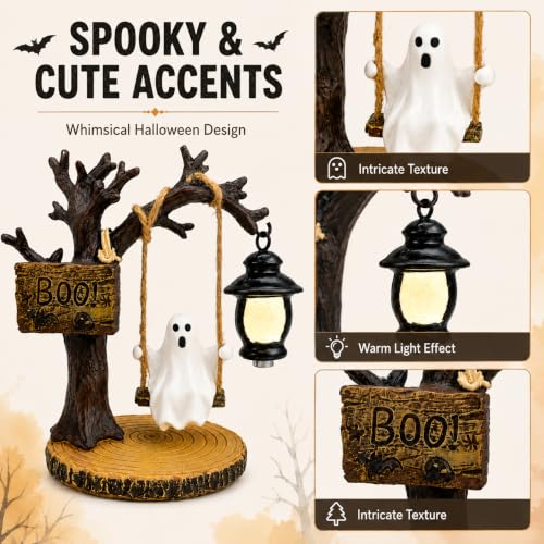 Halloween Hanging Ghost Decoration Swinging Ghost Ornament with Lantern and Boo Sign Rustic Tree Decor Spooky Halloween Party Prop for Home Room Office Porch Garden Seasonal Decoration