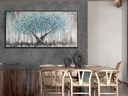 Framed Blue Tree Canvas Wall Art Large Tree of Life Painting 48"x24"