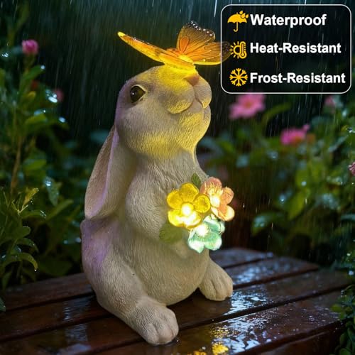 Solar Garden Statues Outdoor Decor Bunny with Butterfly